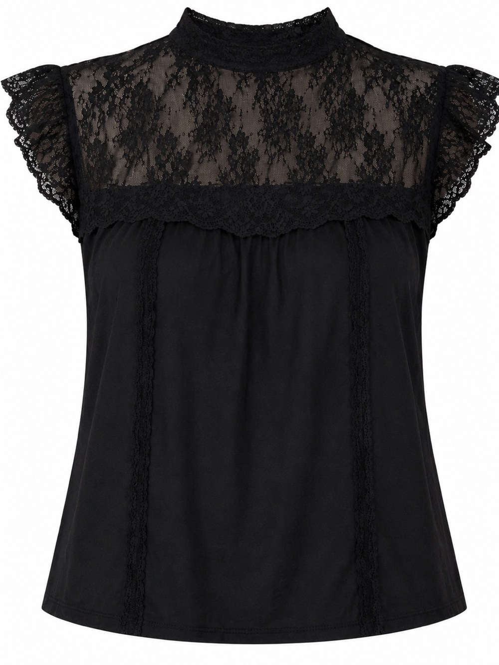 Black Lace Blouse Sheer Yoke Mock Neck Flowy Top